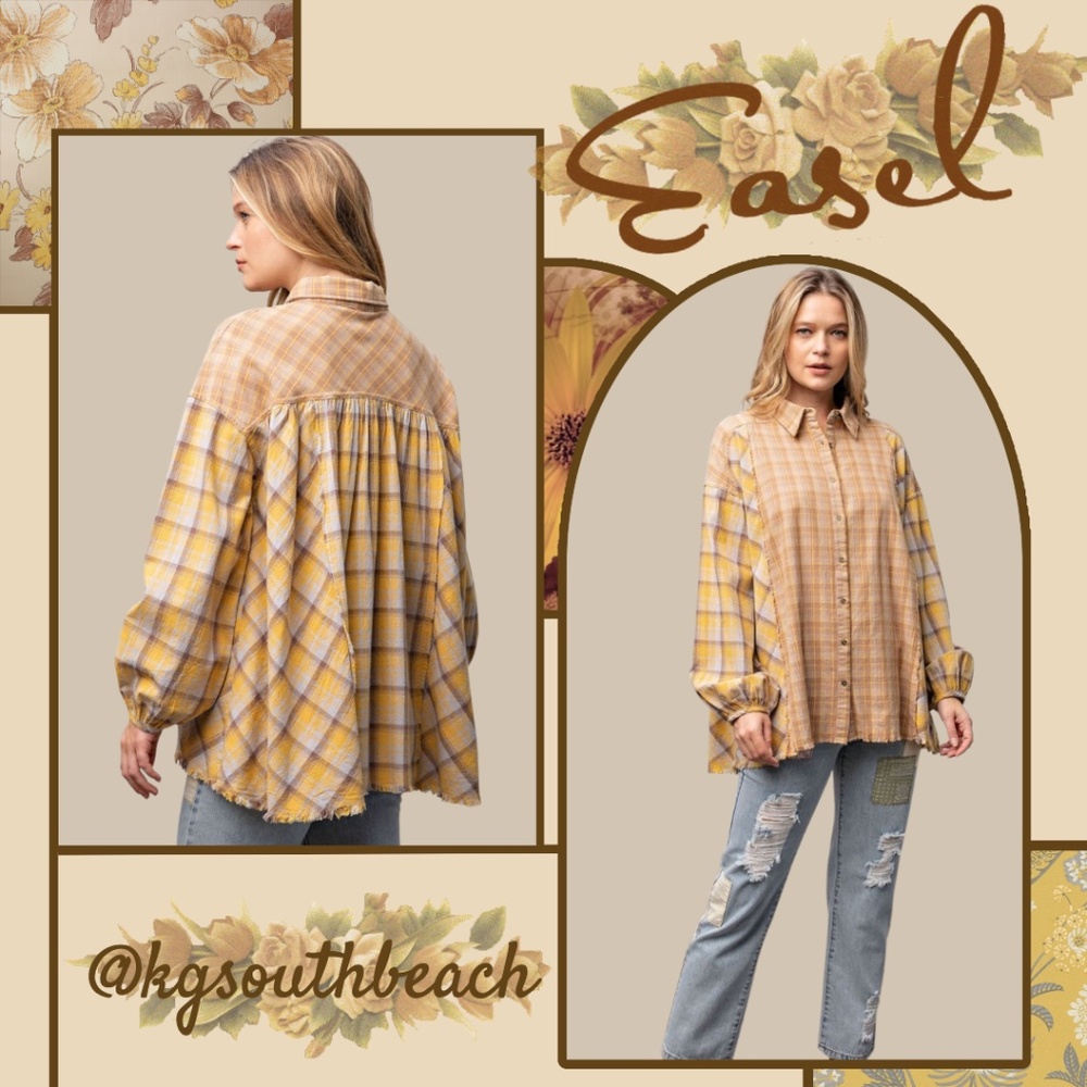 EASEL "Reach Out" Soft Lux Cotton Flannel Mix Plaid Print Button Front Shirt Top